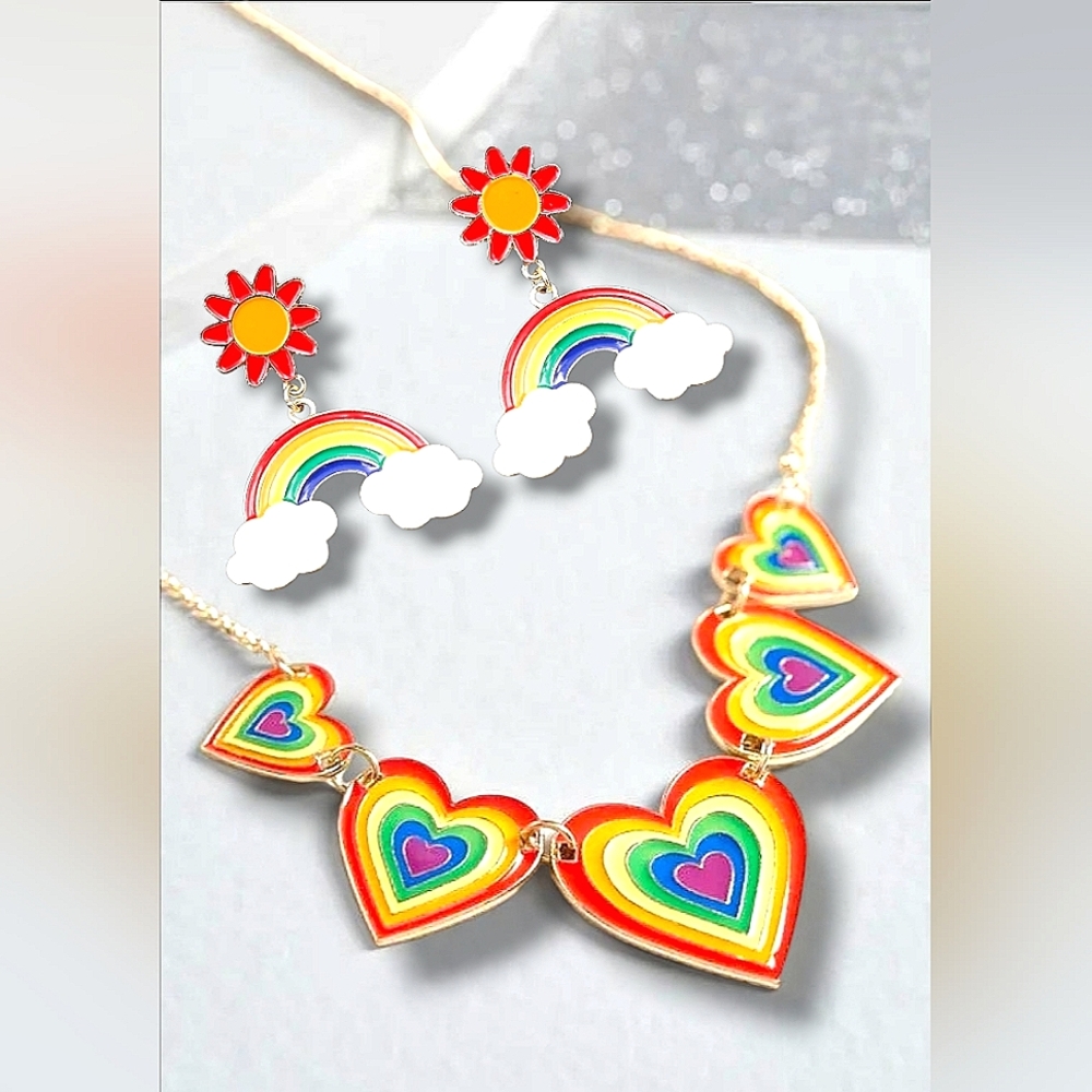 Gold plated sunny rainbow heart Clouds necklace earrings set